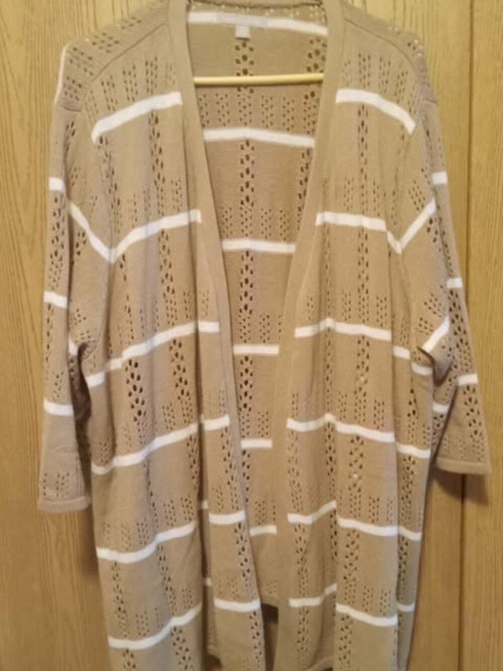 Woman Within 2X open front pointelle cardigan, 3/4 sleeve, tan w/white stripes